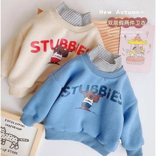 Childrens Plus Velvet Sweatshirt 2020 Autumn and Winter New Baby Boys and Girls Fake Two-piece Casual Turtleneck T Shirt 2-7Y