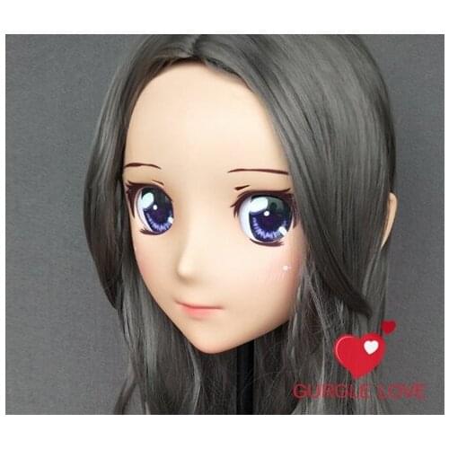 DM138) Female Sweet Girl Resin Half Head Kigurumi Mask With BJD Eyes Cosplay Japanese Anime Role Lolita Mask Crossdress Doll