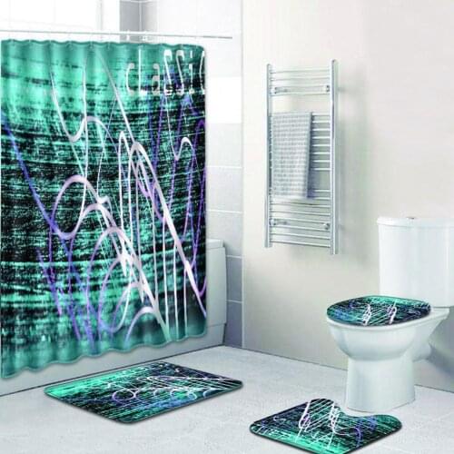 HobbyLane 4pcs/set Stripe Printing Toilet Polyester Cover Mat Non Slip Floor Mat Set Bathroom Shower Curtain Bath Mat Bathroom Suits