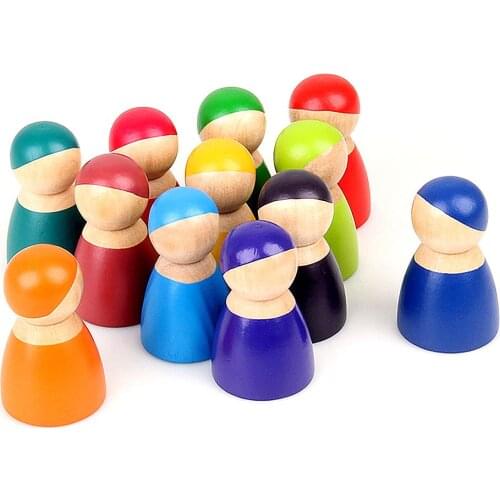 1Set Montessori Toys Grimms 12 Color Rainbow Friends Peg Dolls Wooden Toys Pretend Play People Figures Doll Colorful Blocks