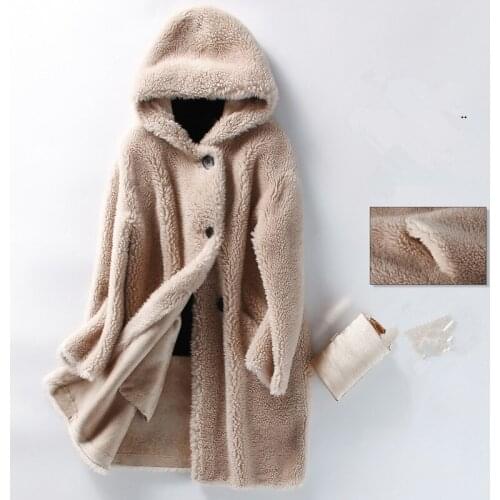 Fashion Granule Sheep Shearing Coat Female 2021 Winter New Korean Hooded Long Sleeve Mid-Length Fur Jacket Women Clothing H1702
