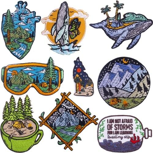 Diy Wilderness Patch Embroidery Patches Clothing Badge Whale/ Painting Patch Iron On Patches On Clothes Sewing Applique Jacket