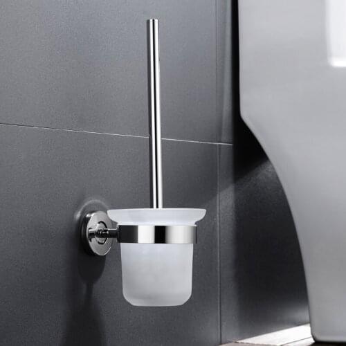 Wall Mounted Stainless Steel Anti-Rust Toilet Brush Holder with Glass Cup for Bathroom Restroom Accessories