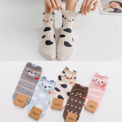 Funny Socks Cartoon Animal Ears Short Socks Summer Fashion Low Cut Female Casual Cotton 3D Ankle Socks Cotton Kawaii pink 35-43