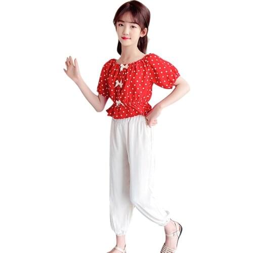 Girls Clothing Dot Tshirt + Pants Teenage Girls Clothing Bow Costume For Girl Summer Kids Tracksuit 6 8 10 12 14