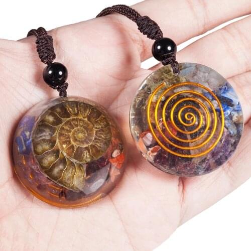 TUMBEELLUWA Ammonite Fossils Seashell Snail Stone Pendant Necklace for Women Men,Healing Crystal Adjustable Braided Cord Jewelry
