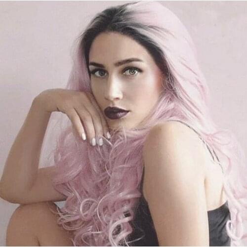 Melody Black Roots Ombre Pastel Pink Long Natural Wave Synthetic Lace Front Wigs Heat Resistant for Women Natural Looking Daily