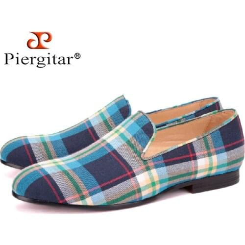 PIERGITAR arrival Blue and Green Plaid Men Canvas shoes British style male Casual Slip-on Loafers Handmade luxurious mens flats