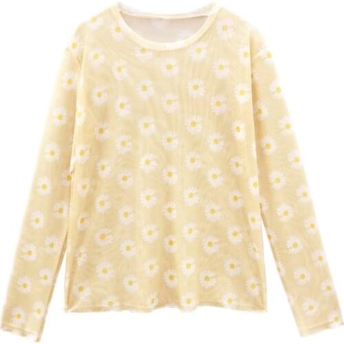 See Through Small chrysanthemum Mesh Gauze Tops Long Sleeve Transparent Sun Protection Ladies Turtleneck summer T-Shirt Top