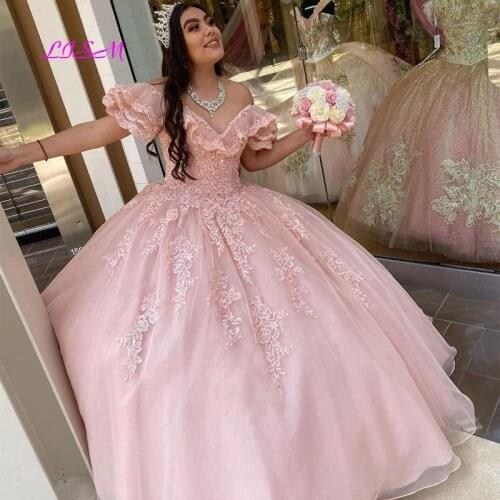 Pink Ball Gown Quinceanera Dresses Sweet 16 Lace Appliques Off the Shoulder Beaded Floor Length Long Prom Dress