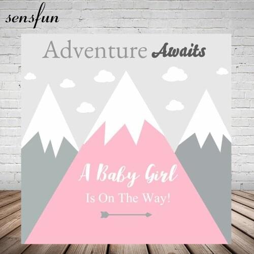 Sensfun Baby Shower Photography Backdrop Adventure Awaits A Baby Girl Is On The Way Pink Grey White Background For Photo Studio