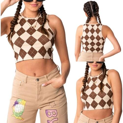 Womens Summer Tank Tops, Cute Argyle Print Sleeveless Round Neck Slim Fit Crop Tops New Fashion 2021