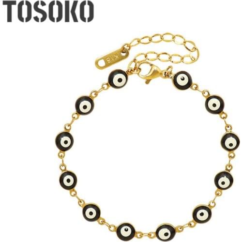 TOSOKO Stainless Steel Jewelry Devils Eye Black Oil Dripping Handmade Chain Womens Fashion Bracelet BSE218