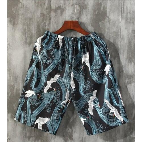Japanese ukiyo-e robe trousers men tide summer thin loose loose crane shorts beach vacation five-point pants kimono men Pants