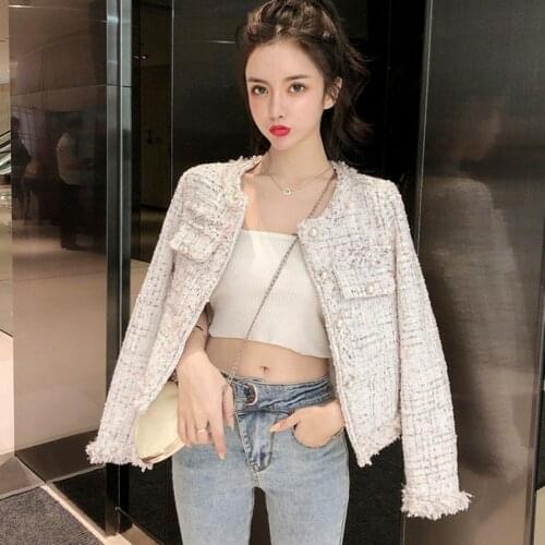 Autumn And Winter Korean Tweed Jacket Women French Retro Small Fragrance Pearls Button Female Temperament Top