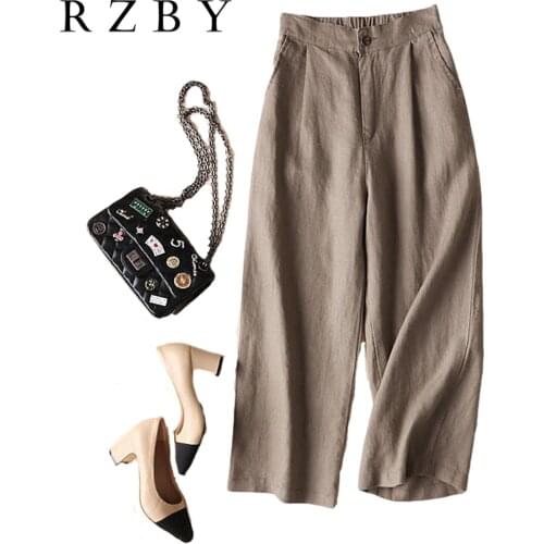 Summer 2021 Women Casual Linen Wide Leg Pant Ankle-length Loose Vintage Elastic Waist Aesthetic Style Pantalon Femme RZBY262