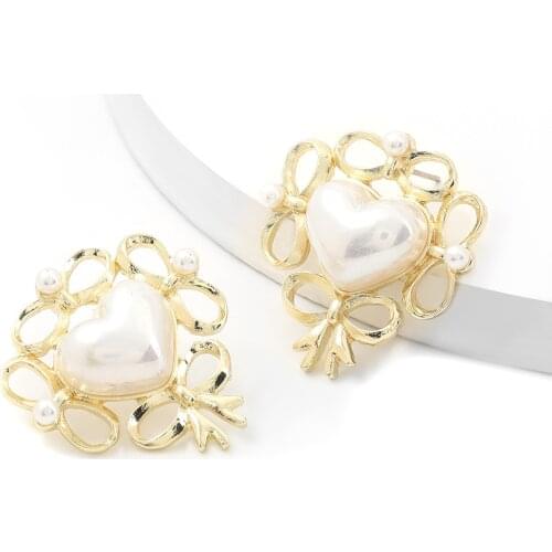 Pauli Manfi Fashion Metal Bow Lace Imitation Pearl Heart-shaped Earrings Womens Popular Stud Earrings Party Accessories