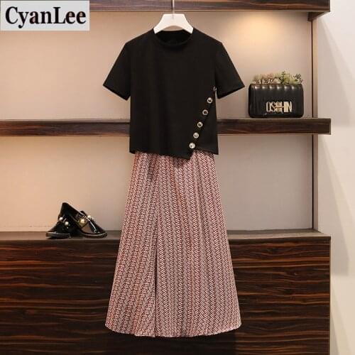Cyanlee Plus Size 2 Piece Set Women 2020 Summer Casual Button Deco Short Sleeve Tops+Geometric Print Long Skirt Lady Office Sets