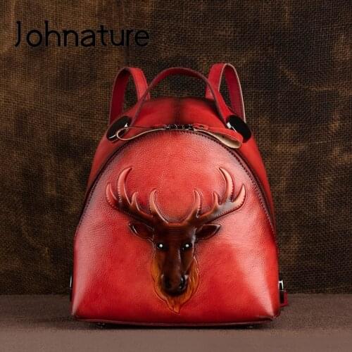 Johnature Retro Embossed Genuine Leather Bagpack Women Bag 2020 New Leisure Handmade First Layer Cowhide High Quality Backpack