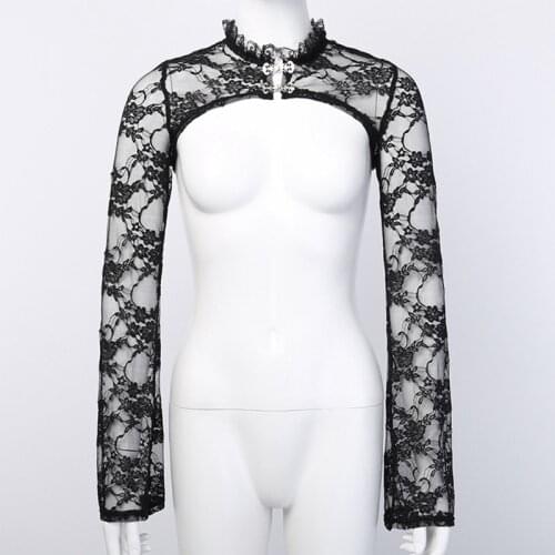 Women Vintage Flare Long Sleeve Slim Bolero Ruffles Stand Collar Floral Lace Shrug Sexy Sheer Black Cardigan Top