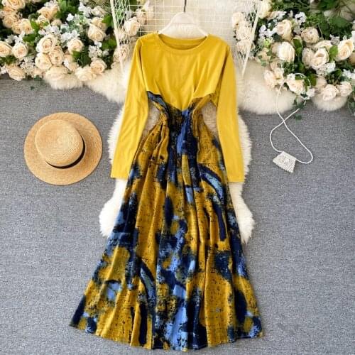 Autumn Womens Yellow Patchwork Maxi Dress Elegant Round Neck Long Sleeve Vintage Long Dresses Boho Chic Fashion Vestido DZA451