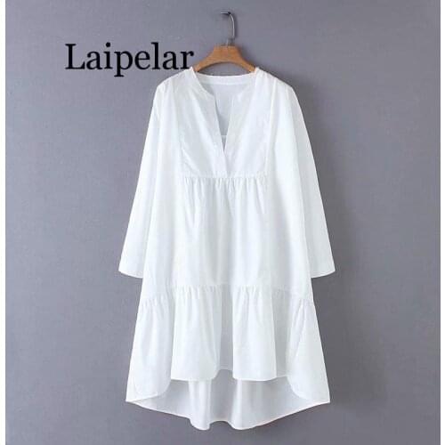 Laipelar 2019 new women fashion v neck solid color irregular hem loose a line dress female sweet long sleeve casual white