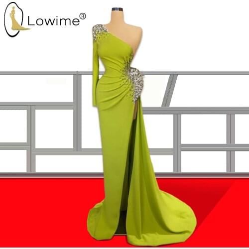 One Shoulder Long Sleeve Mermaid Evening Dresses High Split Crystal Robe De Soiree Formal Women Dresses Prom Party Gowns