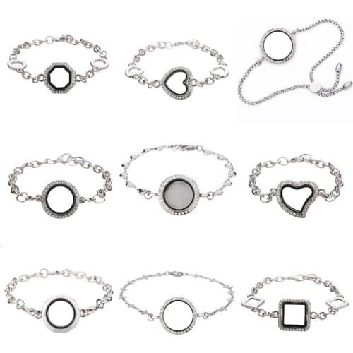 1Pc New Arrival Geometric Crystal Round Heart Shaped Glass Memory Pendant Locket Chain Bracelet Bangle Women Gift Jewelry