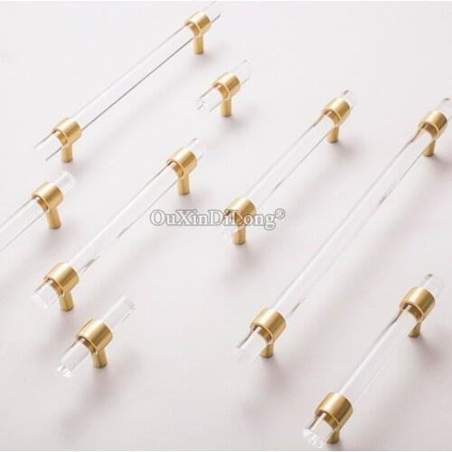 1PCS Simple 1.96''-14.37'' Transparent Acrylic w Brass Bases Cabinet Handles and Knobs Drawer Pull T bar Furniture Handles GF500