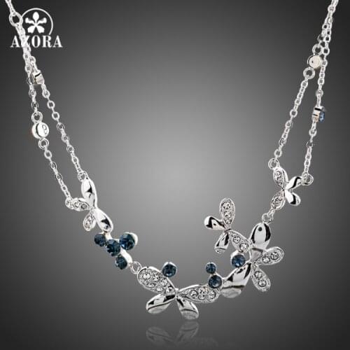 AZORA Love of Butterfly Blue Crystal White Gold Color Stellux Austrian Crystal Pendant Necklace TN0087