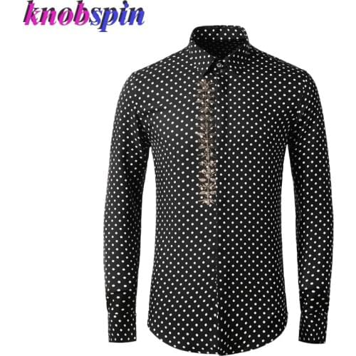 Fashion Dot Long sleeve Shirt men High quality Rhinestone Decoration Pure Cotton Men Shirts Plus size M-4XL Slim Casual Shirts