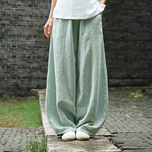 New Style Autumn Solid Color Pockets Loose Pants 2020 New Women Vintage Elastic Waist Cotton Linen Wide Leg Full Length Pants