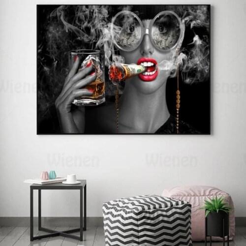 Black White Canvas Painting Creative Art Burning Money Smoke Beauty Red Lips Modern Home Decor Casino Decor Hotel Mural Wall Art