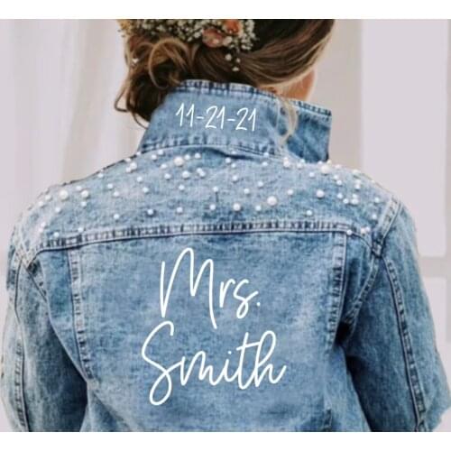PERSONALIZED Statement Denim Bridal Jacket Custom Name Pearl Detailing MRS Jacket Custom Date Placement on Collar Bride Gift
