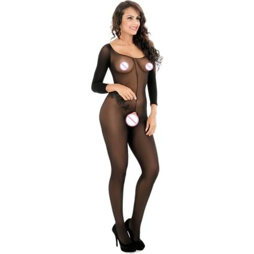 Women Glamor black perspective sexy lingerie Hollow out Open Crotch Babydoll Elastic Teddy long-sleeved Erotic underwear W8610
