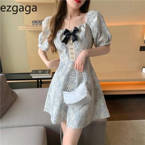 Ezgaga Korean Fashion Chiffon Lace Patchwork Floral Dress Women Puff Short Sleeve Square Collar Bow High Waist Chic Party Dress