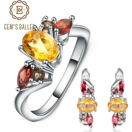GEMS BALLET Natural Citrine Smoky Quartz Garnet Ring Earrings 925 Sterling Silver Gemstone Jewelry Set For Women Fine Jewelry