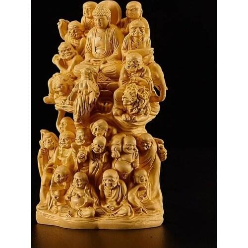 Chinese Boxwood Buddha Statue, Solid Wood Home Decoration, 18 Hats, 16cm