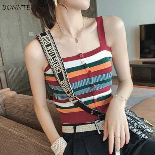 Camisole Women Striped Rainbow Color Ulzzang Street Style Knitwear Chic Kpop Girls Fashion Tanks Crop Top Sexy Slim Stretchy New