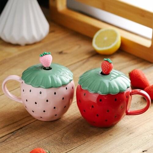 Strawberry Creative Mug with Lid Spoon Ceramic Girls Cute Summer Water Bottle Milk Tea Cups Funny Office Travel Tazas De Cafe