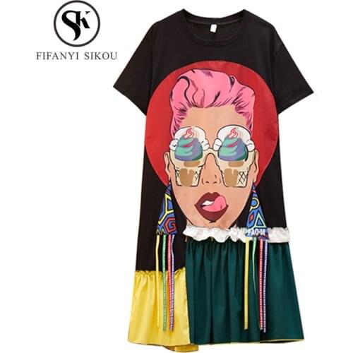 L-4XL Plus size Dress women 2019 Summer Fashion Glasses girl Print Short sleeve T-shirt Dress Loose Casual Dresses Streetwear