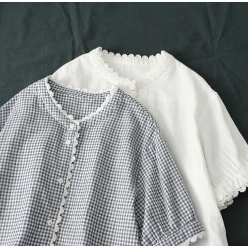 Lamtrip Unique Lace Edged Stand Collar Plaid Short Sleeve Cotton Yarn Shirt Tee Women 2021 Summer