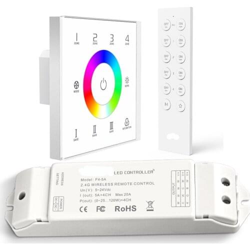 New Led RGBW Strip Controller 4 Zones Touch Panel Wall Mount 2.4GHz DMX 100V-240V Input DMX512 5A 4 Channel Wireless Receiver
