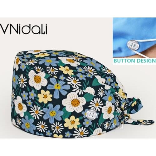 Surgery cap women and men scrubs cap with button head cap nurse medical long hair Doctors work hat flower print surgical cap