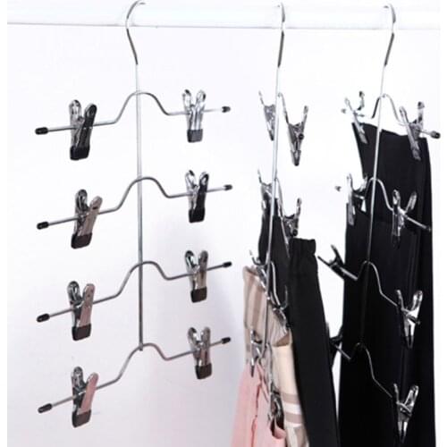 Multi-functional 4 Layer Stainless Steel Pants Hanger Rack Clip Skirt With 8 Clips Family Storage Organizer Save Space