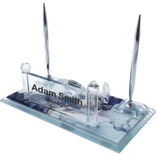 Crystal Desk Name Plate and Pen Desk Stand Set - Personalized Name Plate, Crystal Clock, Custom Engraved Awards, Teachers, Boss