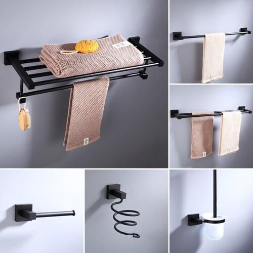 Bathroom Hardware Set Black Bath Robe Hook Towel Rail Rack Bar Shelf Toilet Paper Holder Toothbrush Holder Bathroom Accessories
