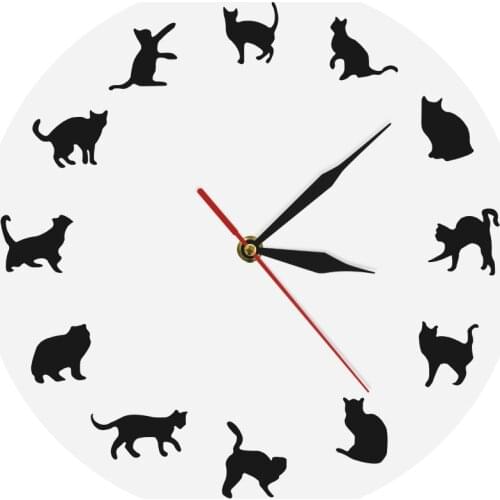 Cats Meow Wall Clock Fuuny Kittens Different Poses Girls Room Wall Decor Black Cats Silhouette Kitty Lovers Modern Wall Clock