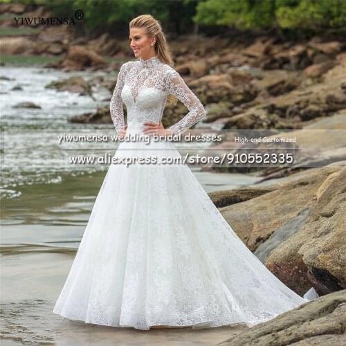 New Tailor-Made High Neck Illusion Lace Crystals Beaded Muslim Bridal Gown Long Sleeves Sexy A Line Wedding Dress Plus Size A326