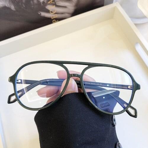 Retro Double Beam Spectacle Frame Anti Blue Light Flat Lens Ultra Light TR90 Myopic Art Sunglasses Men &Women Clear Lens Goggles